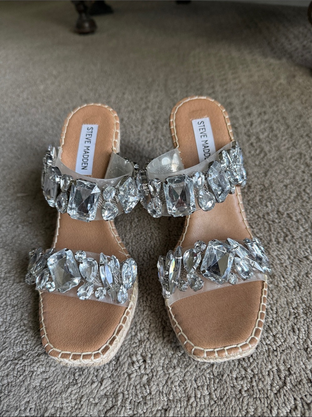 Steve Madden Clear Jeweled Slide Sandals with Tan Footbed